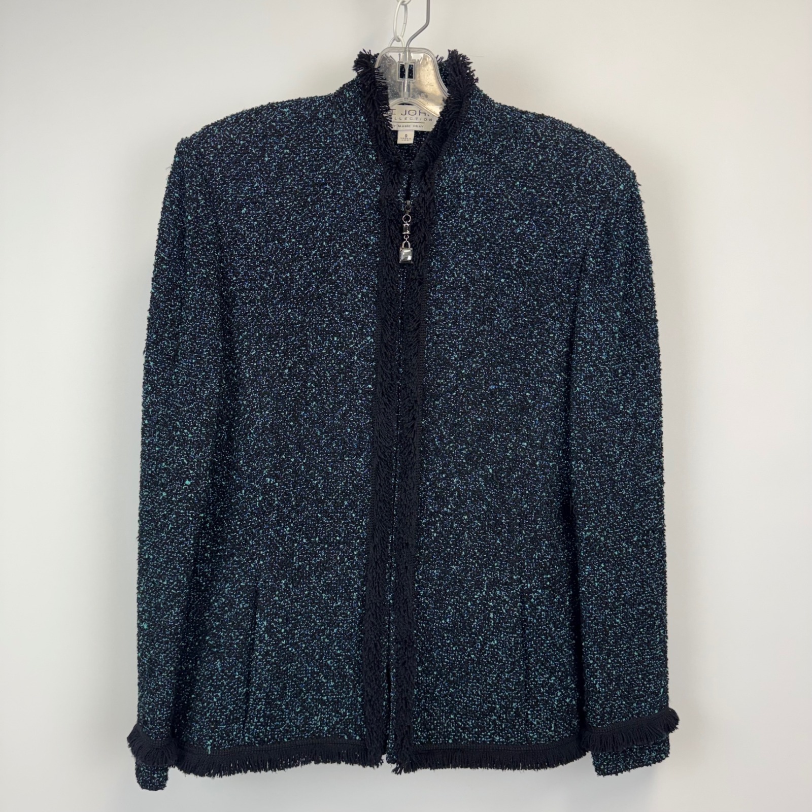 St John Collection Marie Gray Knit Jacket Black Blue Boucle Fringe Zip Size 8